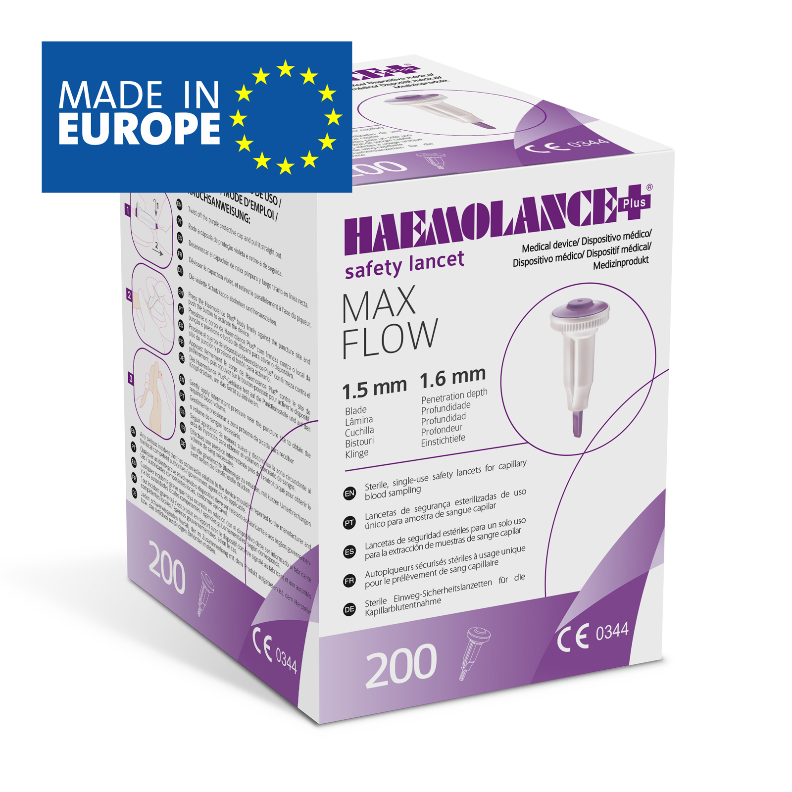 HAEMOLANCE Plus MAX FLOW ланцети безпечні стерильні одноразового використання, лезо 1,5 мм., глибина проникнення 1,6 мм, HTL STREFA, Польща.